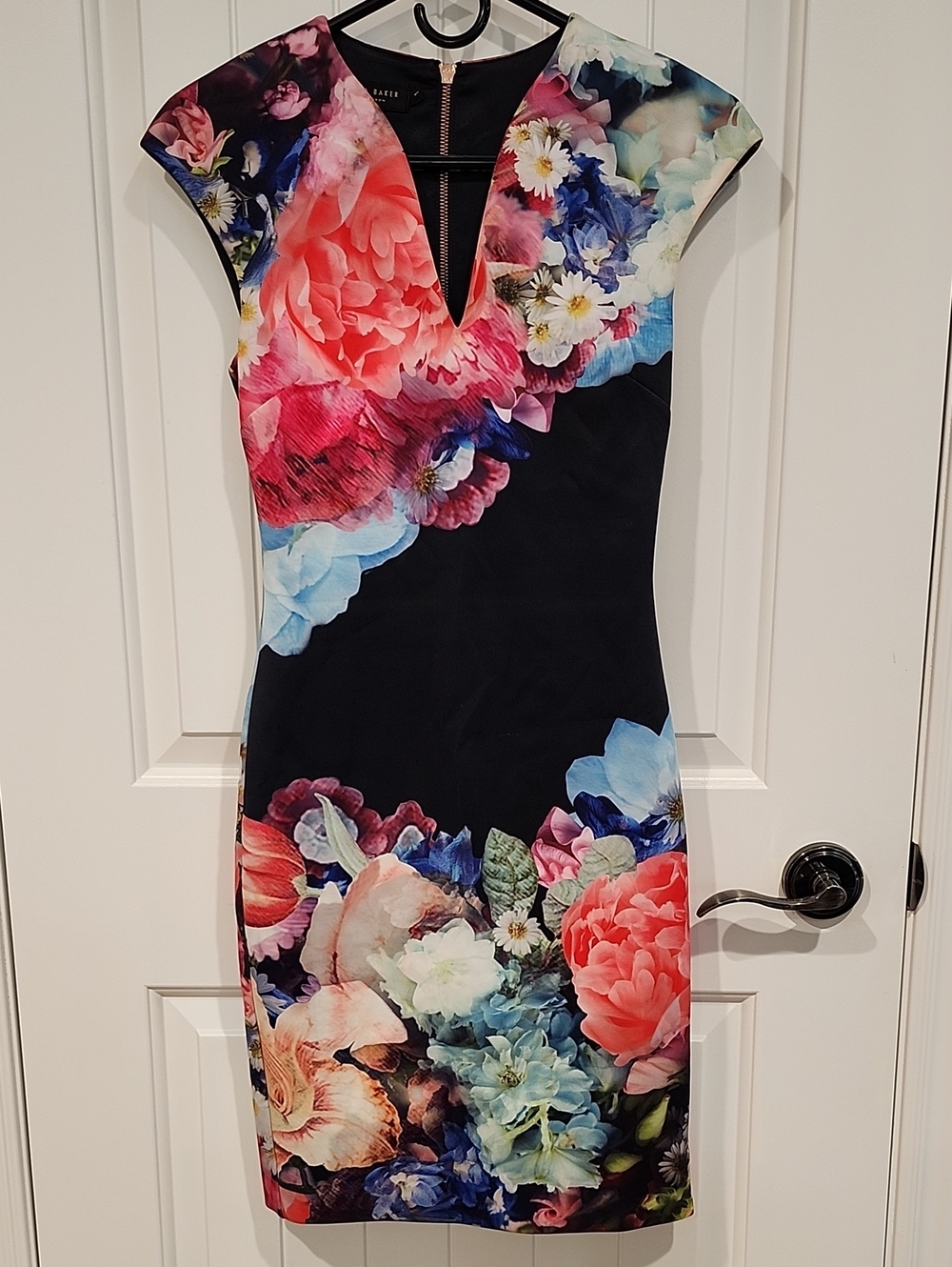 Ted Baker London Black Midi Dress with Vibrant Floral Print